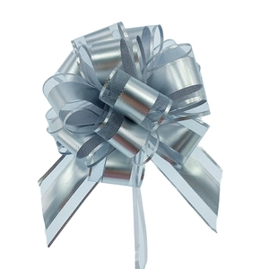 Silver metallic and mesh gift bow with two hanging ribbons on a white background