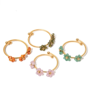 Handmade floral 18k gold plated stainless steel rings with colorful stone bead petals
