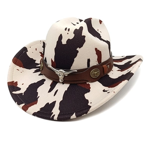 Western Cowboy Hat Cow Leopard Print Polyester Felt Wide Brim With Leather Belt Metal Bull Head Retro For Men Women