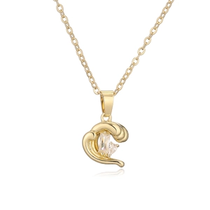 Gold-plated irregular geometric necklace with zircon pendant and sleek wave-shaped metal frame