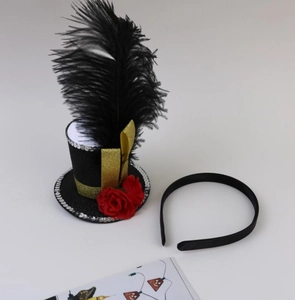 Mini black top hat headband with red roses, gold ribbon, and elegant black feather detail