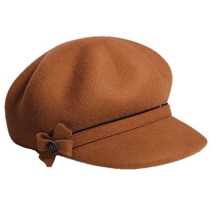 Caramel wool baker boy hat with decorative bow and vintage button for women