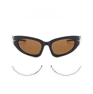 Detail of black cat-eye sunglasses with silver arrow metal accents and brown lenses