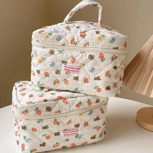 Quilted floral bear cosmetic bag with high capacity and soft protective padding