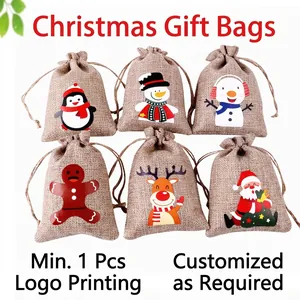 Christmas Gift Bags Burlap Linen Drawstring Pouch Holiday Party Decor Candy Storage Reusable Festive Patterns