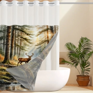 Detail of waffle weave shower curtain showing reindeer print and metal grommets in bathroom