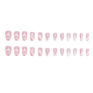 Elegant medium-long press-on nails with white marble veins and pink gradient 24pcs set