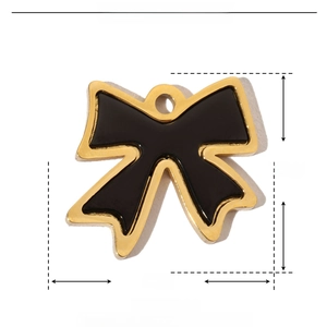 Detailed view of bicolor bow pendant showing 17mm size parameters and enamel texture