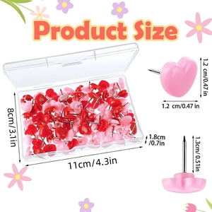 Red and pink heart shaped push pins in a transparent box with dimensions 11x8x1.8cm