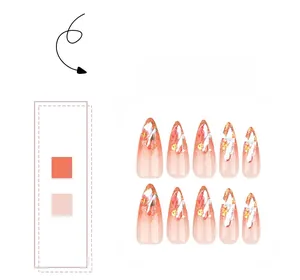 Detailed set of almond-shaped press-on nails featuring orange pink gradient and gold foil