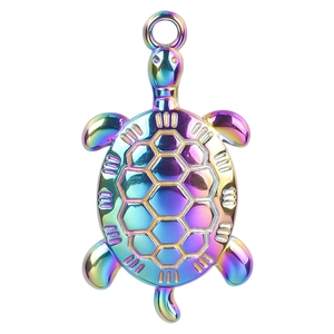Rainbow plated stainless steel turtle pendant with hexagonal shell pattern for DIY necklaces