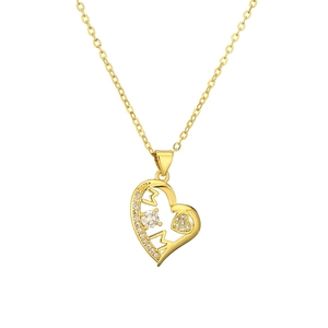 Gold MOM heart pendant necklace with shimmering crystals and minimalist butterfly chain