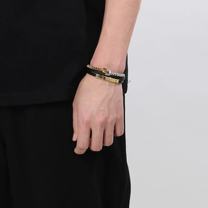 Multi-layer men's leather bracelet with gold metal plates and silver chain links