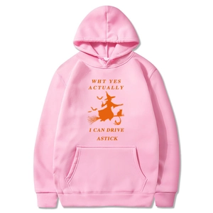 Pink Halloween hoodie with orange wizard graphics and drawstring hood for autumn fashion