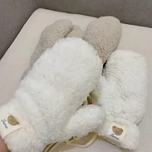 Winter plush bear gloves with warm fleece lining and cute rabbit ear design for women