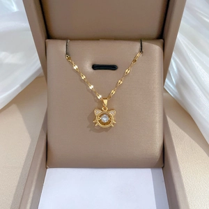 Kitten Dancing Stone Pendant Necklace Stainless Steel Chain Copper Zircon Inlaid Elegant Clavicle Jewelry For Women