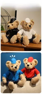 Detailed close-up of cute teddy bears in four stylish colorful outfits with leather jackets