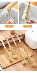 Detailed view of long handle bottle brushes with natural wood grip and dense yellow bristles