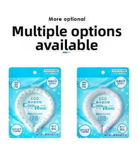 Detail view of PCM neck cooling rings in floral and cartoon patterns with retail packaging