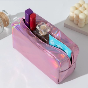 Pink holographic laser PU makeup bag with large capacity and iridescent finish