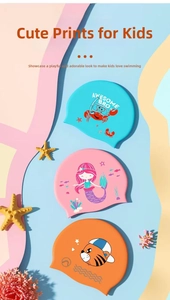 Detailed view of colorful kids silicone swimming caps with cute animal prints