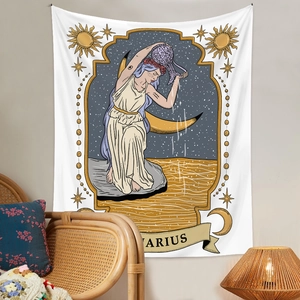 Detail of Aquarius tarot tapestry with boho decor including rattan chair and warm lamp