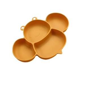 Cartoon crab silicone baby plate in orange with divided sections and smiling face