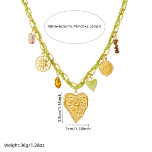 Colorful heart pendant necklace with green woven rope and gold chains in pastoral style
