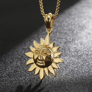 Golden sun face skull chief pendant necklace with glossy metal finish and box chain