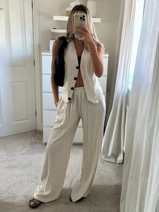 Women stripe vest and wide leg pants set in beige cotton linen for casual summer style