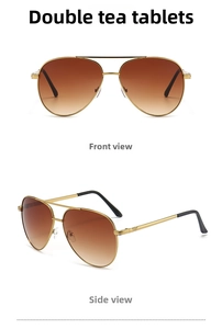 Front and side view of pilot sunglasses with gold metal frame and gradient brown lenses