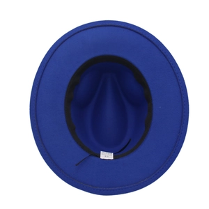 Internal view of royal blue fedora hat showing the sweatband and adjustable drawstring