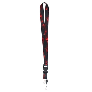 Detail of red and black starry sky lanyard with plastic buckle and metal lobster clasp