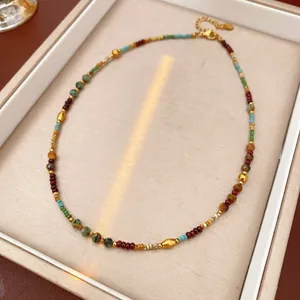 Natural Stone Beaded Necklace Titanium Stainless Steel Bohemian Vintage Multi Color Jewelry Choker For Women Gift