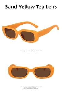 Detail view of square sand-yellow sunglasses with brown lenses from multiple angles