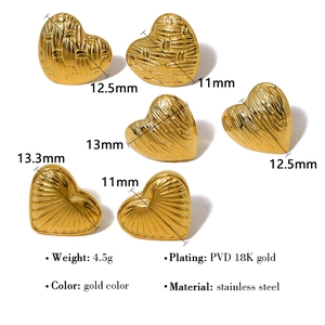 18K gold plated heart stud earrings in three distinct textures for elegant women