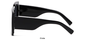Side view detail of trendy large square black sunglasses with glossy wide temples