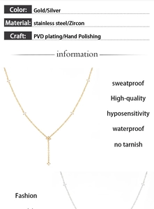 Detail of Y-shaped stainless steel zircon flower necklace showing PVD gold plating finish