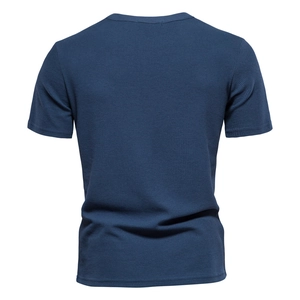 Detailed back view of navy waffle knit texture on this premium cotton men shirt