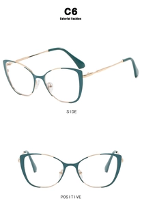 Detail view of vintage cat-eye anti-blue light glasses frame in green and gold finish