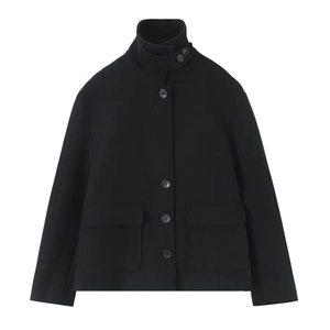 Women Stand Collar Short Jacket Coat Woolen Style Single Breasted Large Pockets Elegant Casual Outwear