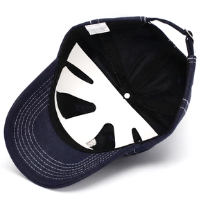 Detailed interior view of navy blue adjustable cotton baseball cap for kids aged 2-6