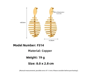 Detailed size chart of gold fishbone drop earrings showing 8.0cm length and 19g weight