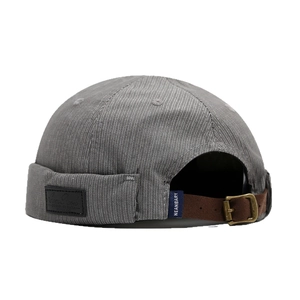 Grey striped skull cap with adjustable brown leather strap and side leather label detail