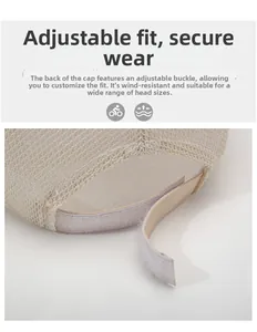 Detail of adjustable velcro strap on beige mesh sun hat for men in outdoor sport style