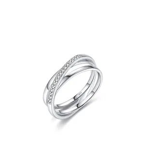 925 Sterling Silver Ring Triple Interlocking Cross Band Micro Pave Zircon Geometric Finger Jewelry For Women Elegant