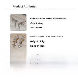 Detailed specifications for star and teardrop pearl earrings with zircon inlay