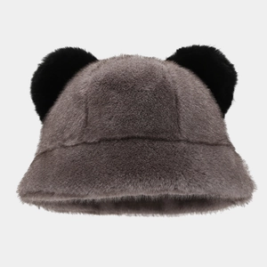 Close-up of the soft plush fabric and black panda ear details on the gray bucket hat