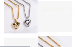 Detail of heart punk necklaces in gold and silver showing stitched groove design