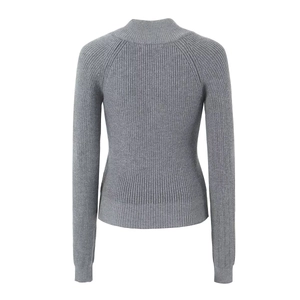 Grey ribbed knit sweater with long sleeves and mock neck, back view on white background